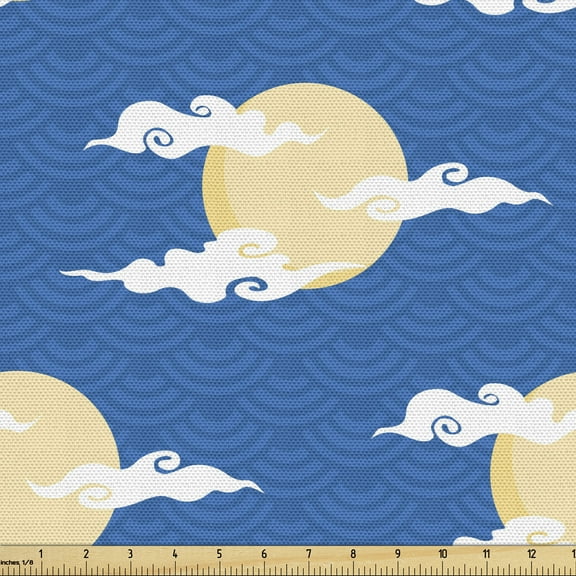 Ambesonne Chinese Fabric by the Yard Upholstery, Folkloric Moon and Cloud, 2 Yards, Blue Cream and White