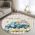 thumbnail image 2 of Round Area Rug 4ft, Farmhouse Car Gnomes with Easter Eggs Non-Slip Non-Shedding Floor Mat, Spring Floral Buffalo Checker Washable Sturdy Carpet for Living Room Bedroom Home Decor, 2 of 9