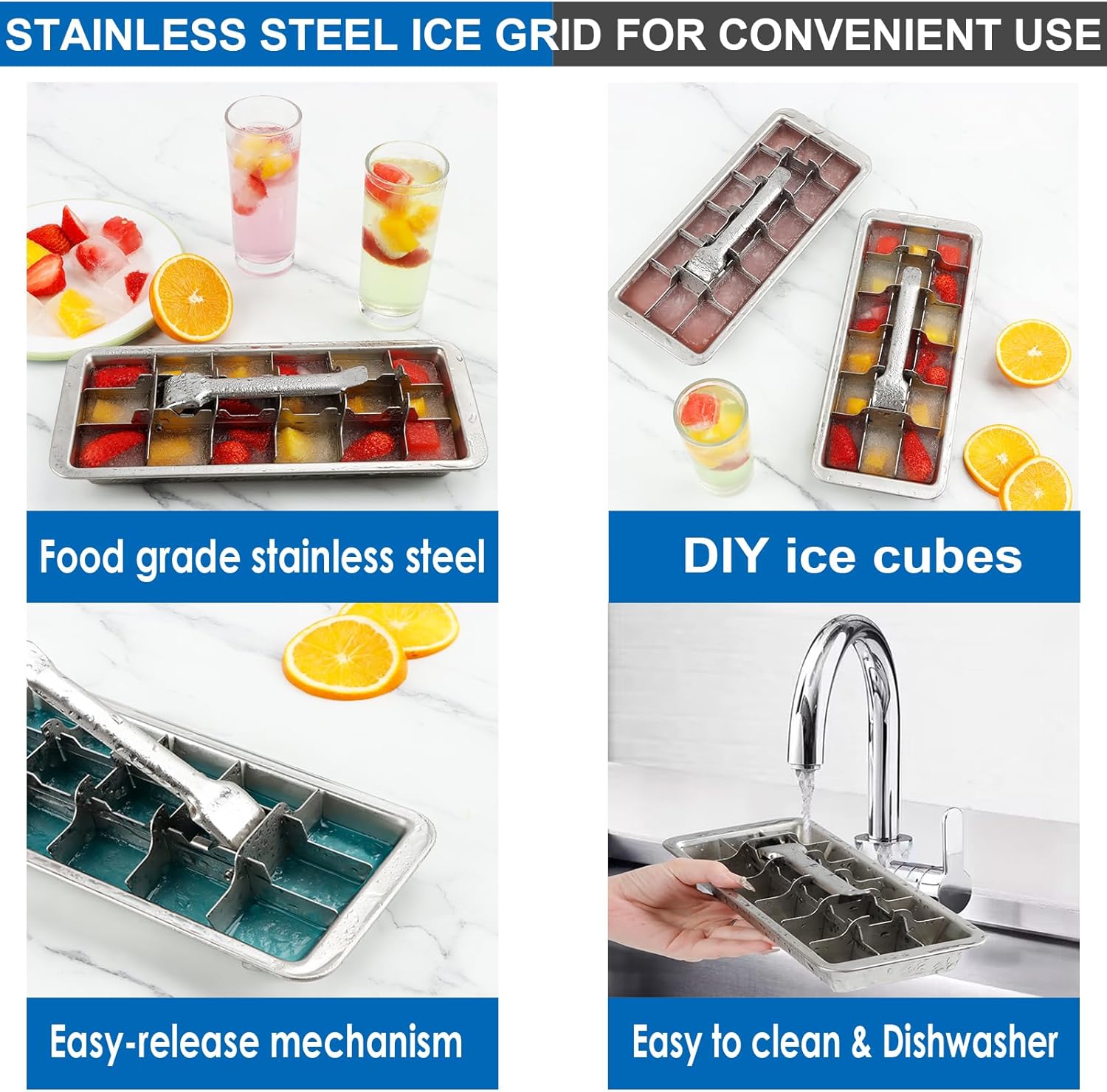 18/8 Stainless Steel Ice Cube Tray, 18 Slot Ice Tray with Easy Release Handle for Making Various Ice Cubes and Frozen Foods, Removable Slots for Easy Ice Cube Removal and Cleaning
