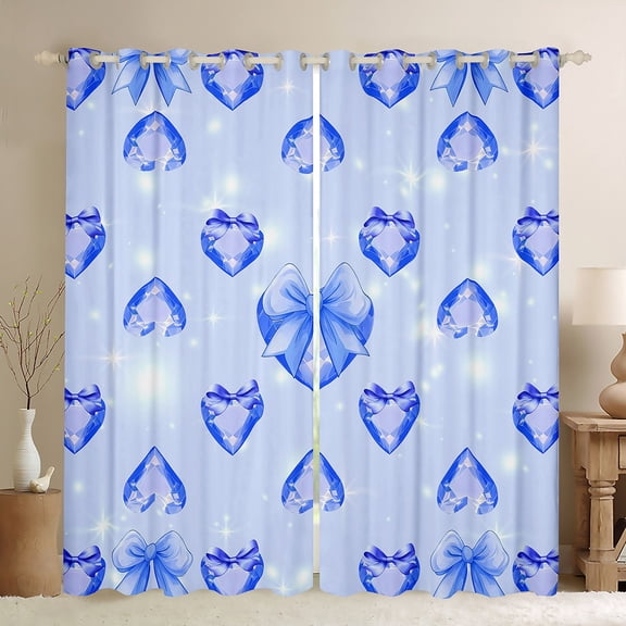 Homewish 3D Loves Diamind Black Out Curtains,Kawaii Bowtie Bowknot Curtains Pack of 2 (42x63 Each),Dreamy Blue Bedroom Curtains For Girls Kids,Super Cozy Room Decor