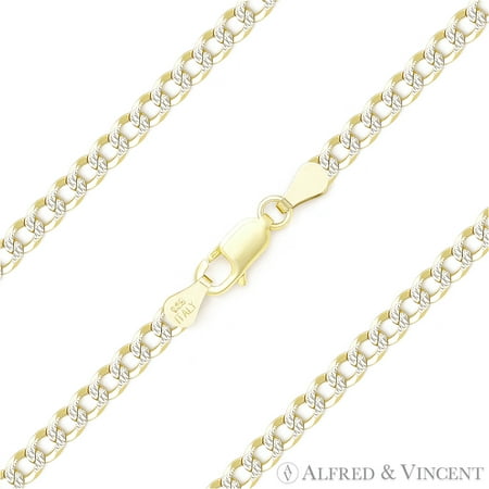 2.7mm Cuban / Curb Link D-Cut Pave Italian Chain Bracelet in .925 Sterling Silver w/ 14k Yellow Gold