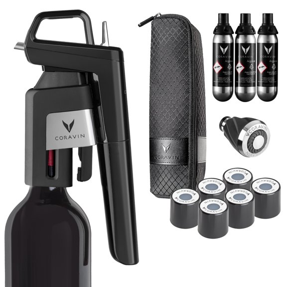 Coravin Timeless Six Plus Wine Preservation System - By-the-Glass Wine Saver - Wine Aerator, 3 Gas Capsules, 6 Screw Caps, Clearing Tool & Carry Case - White Wine, Red Wine & More - Piano Black