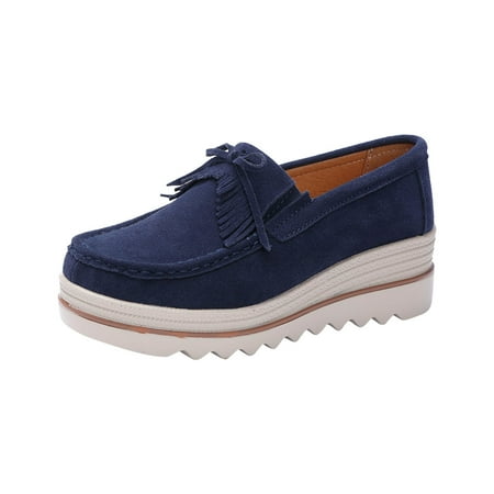 hopeusnice Clearance Women s Suede Loafers Slip On Wedge Platform Shoes Comfortable Breathable Bowknot Tassel Flatform Walking Shoes Blue 40