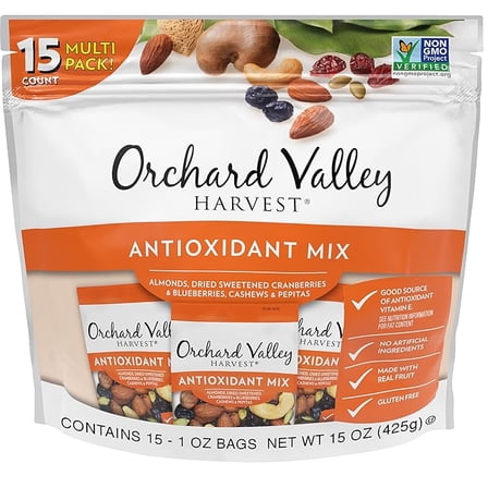 Orchard Valley Harvest Antioxidant Mix, 1 Ounce Bags (Pack of 15), Almonds, Cranberries, Blueberries, Cashews, and Pepitas, Non-GMO, No Artificial Ingredients, Healthy Snacks for Adults