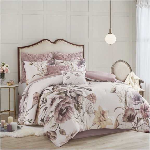 JERFIT 8-Piece Queen Comforter Set, Blush Floral Printed Bedding Set with Comforter, Shams, Pillows & Skirt, Shabby Chic Design, OEKO-TEX Certified Polyester