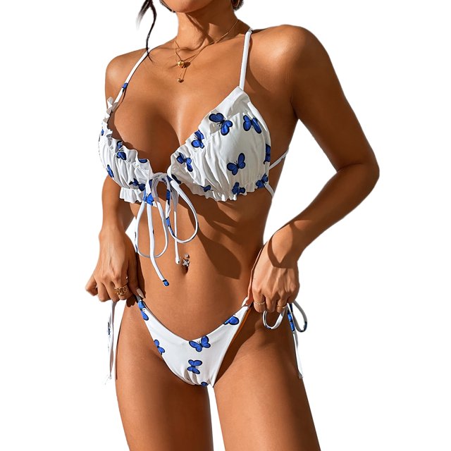 Traje de baño Bikini para mujer estampado de mariposas correas cruzadas sin espalda traje de baño de dos piezas espalda blanca flores azules S