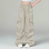 Girls' Cargo Pant Lightweight Parachute Pants with Multi-Pocket Ruched Straight-Leg Baggy Joggers Play to School Streetwear(5-15Y)