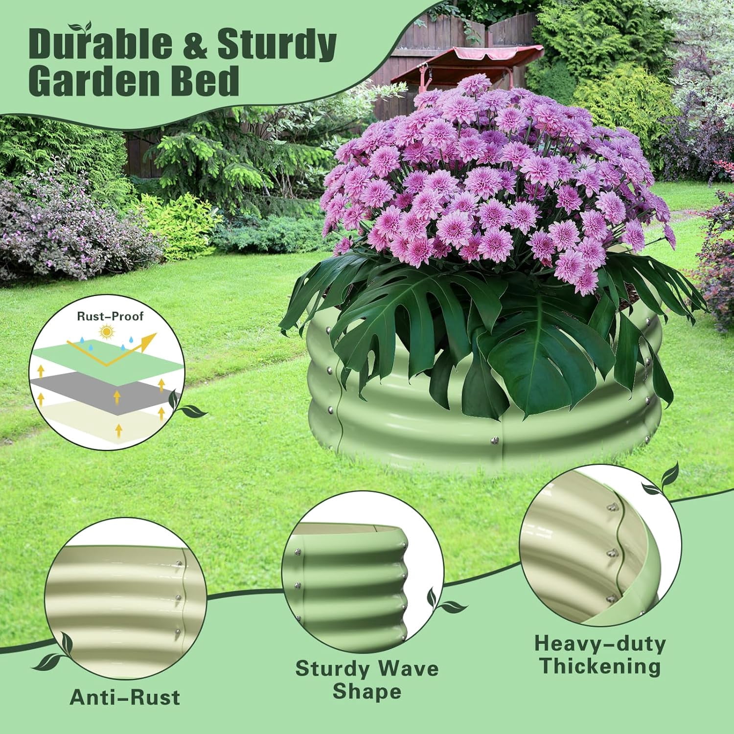 3 Pcs 24x24x12in Round Galvanized Raised Garden Bed Kit with 47"H Tomato Cages, Outdoor Metal Planter Box Raised Garden Beds for Gardening Vegetables Flowers, Green