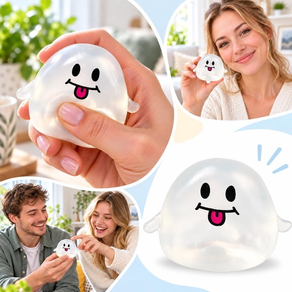 Transparent Ghost Squishy Stress Toy with Coconut Oil Filling, 2.75 Inches, Clear Face Design for Kids and Adults, Toy