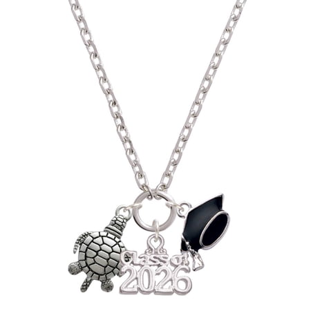 Delight Jewelry Silver-tone Antiqued Sea Turtle - Class of 2026 Graduation Zoey Charm Necklace, 28"