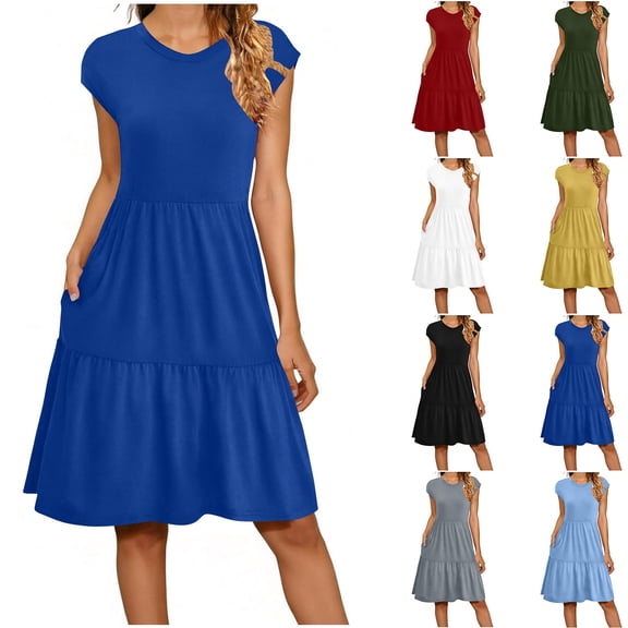 Horkkom Mini Dresses for Women Summer A Line Sleeveless Dresses Causal Crew Neck Solid Color Sundresses L