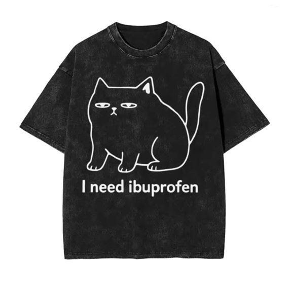 I Need Ibuprofen T-shirt Retro Washed Cotton Funny Printed Cat Casual Short-sleeved Unisex Oversized Summer Top
