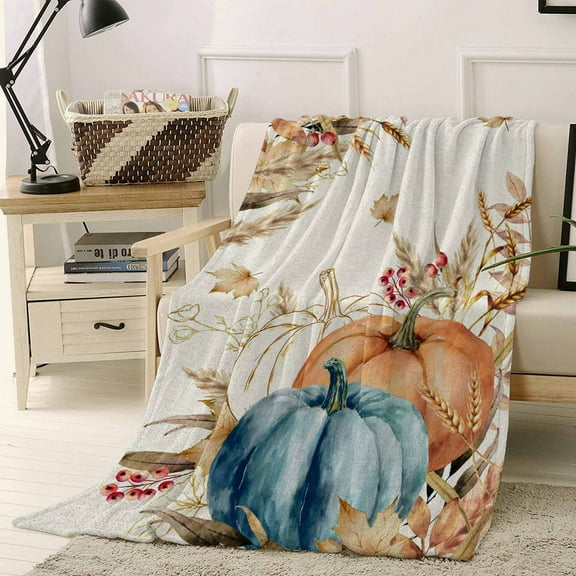 Thanksgiving Pumpkin Throw Flannel Blanket 40x50In Orange Blue Pumpkins Retro Leaf Linen Super Soft Cozy Bed Blanket, Lightweight Plush Fuzzy Bed Throw for Bedroom Sofa Couch Living Room