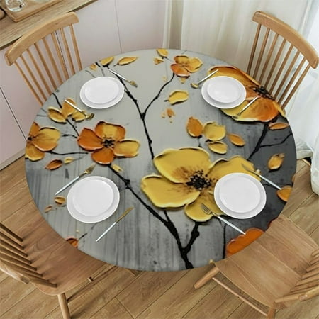 

QFMY Yellow Flowers Round Tablecloth 100% Polyester Fiber for Home Dining Decor 46-50