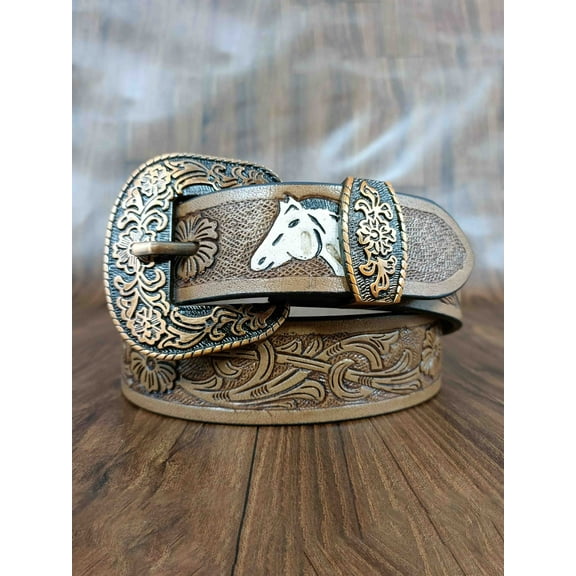 Horse Head Design Tooled Western Belt