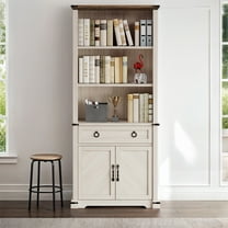 Dextrus 5-Shelf Bookcase with Doors & Drawer, Tall Wood Storage Cabinet with Adjustable Shelves for Home & Office