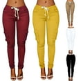 thumbnail image 2 of Huanledash Casual Women Solid Color Skinny Cargo Pants Pockets Drawstring Joggers Trousers, 2 of 8