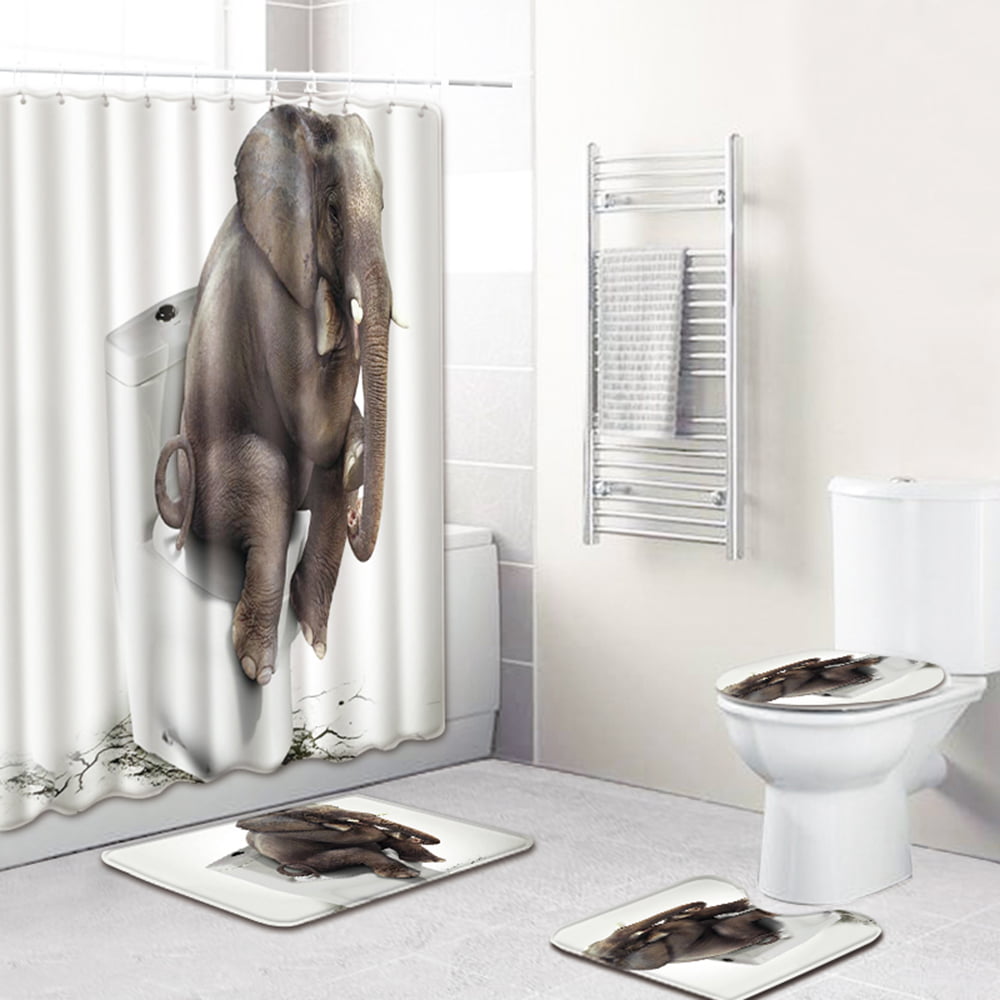Details about   Elephant Bathroom Set Mouldproof Shower Curtain Non-Slip Rug Toilet Seat Cover 