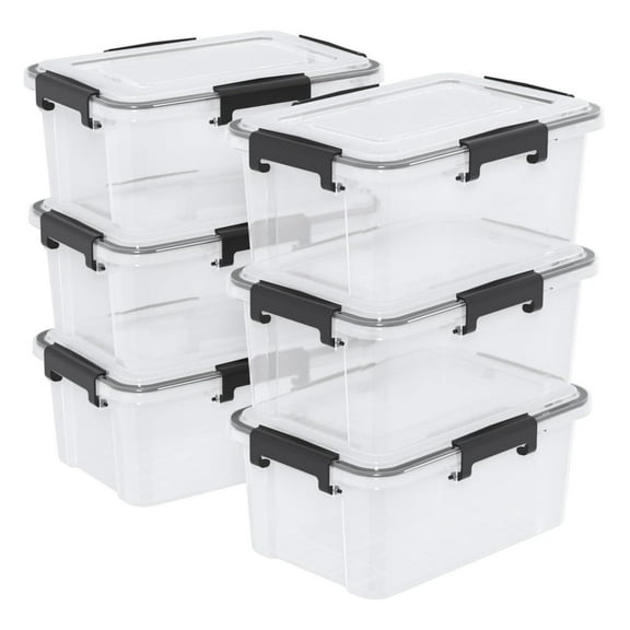 6-Pack 12 Qt Plastic Storage Box with Gasket Seal Lid, Durable Moving Containers with Tight , Weather Proof Tote Bin, Clear/Black