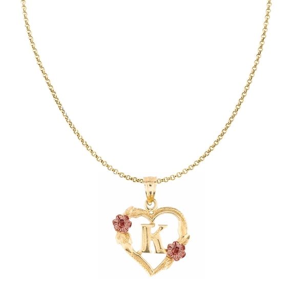 Genuine 14k Two-tone Gold 0.66" Floral Heart Initial K Pendant Necklace 16", 18", 20", 22" Trendy Charm Initial Necklaces for Women
