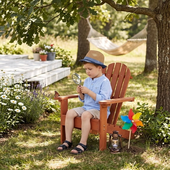 Kids Adirondack Chair, Solid Wood Outdoor Patio Chair for Toddlers, Red Hemlock with Water-Based Paint, Indoor & Outdoor Use, Ages 3-10