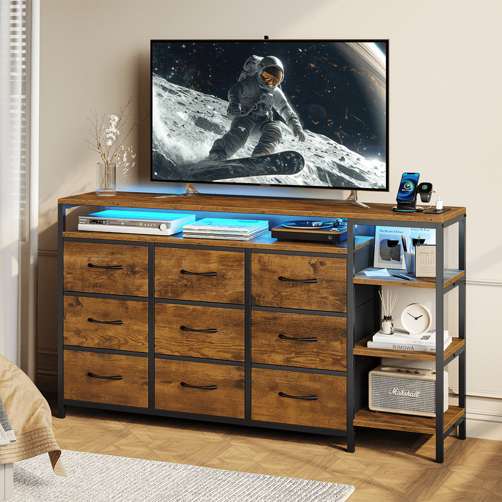 9 Drawers Dressers for Bedroom with LED Lights & Powers Outlets, 53 Inch TV Stand, Entertainment Center with Drawers & Open Shelves for Living Room,Rustic Brown
