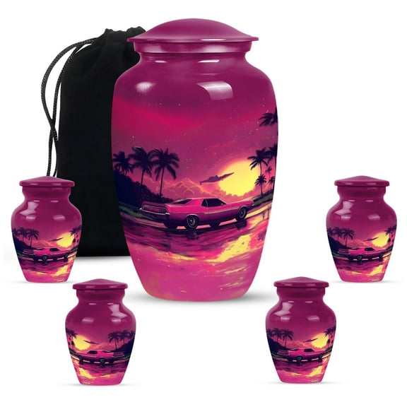 KARYLIZ Classic Car Urns - Urn For Ashes - Combo 10 Inch & 3 Inch, Pack of 5 - Small Urn for Human Ashes Keepsake - Pink Vintage Car Funeral for Human Ashes Adult Man & Women