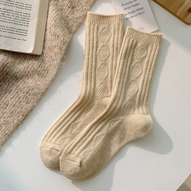 Xiao Hua Los calcetines de lana para mujer en color beige son adecuados para botas de montaña, calcetines de trabajo suaves de punto cálido y cómodos para el trabajo de invierno, 2 pares
