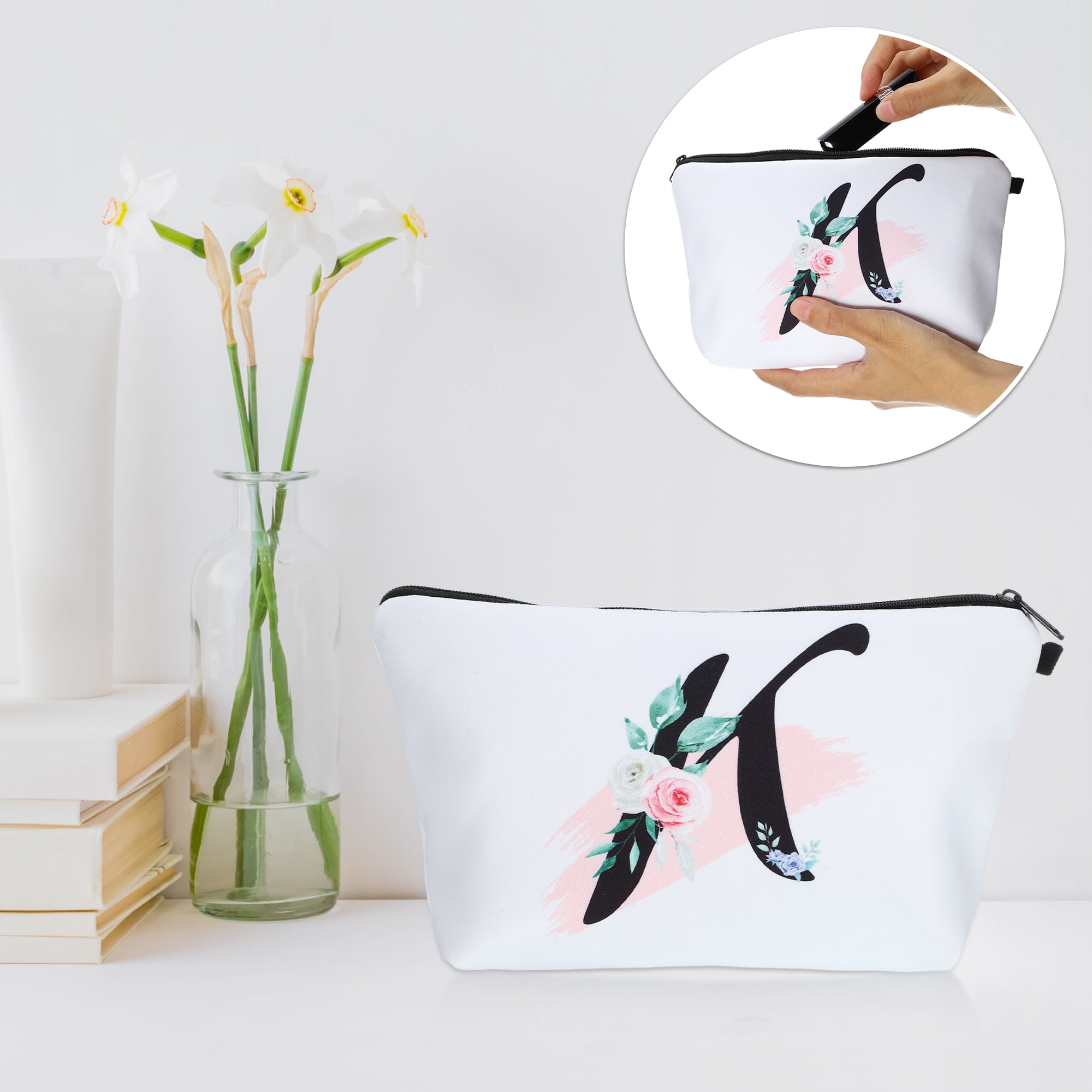 Unique Bargains Personalized Makeup Bag K Cosmetic Bag Small Monogrammed Purse White