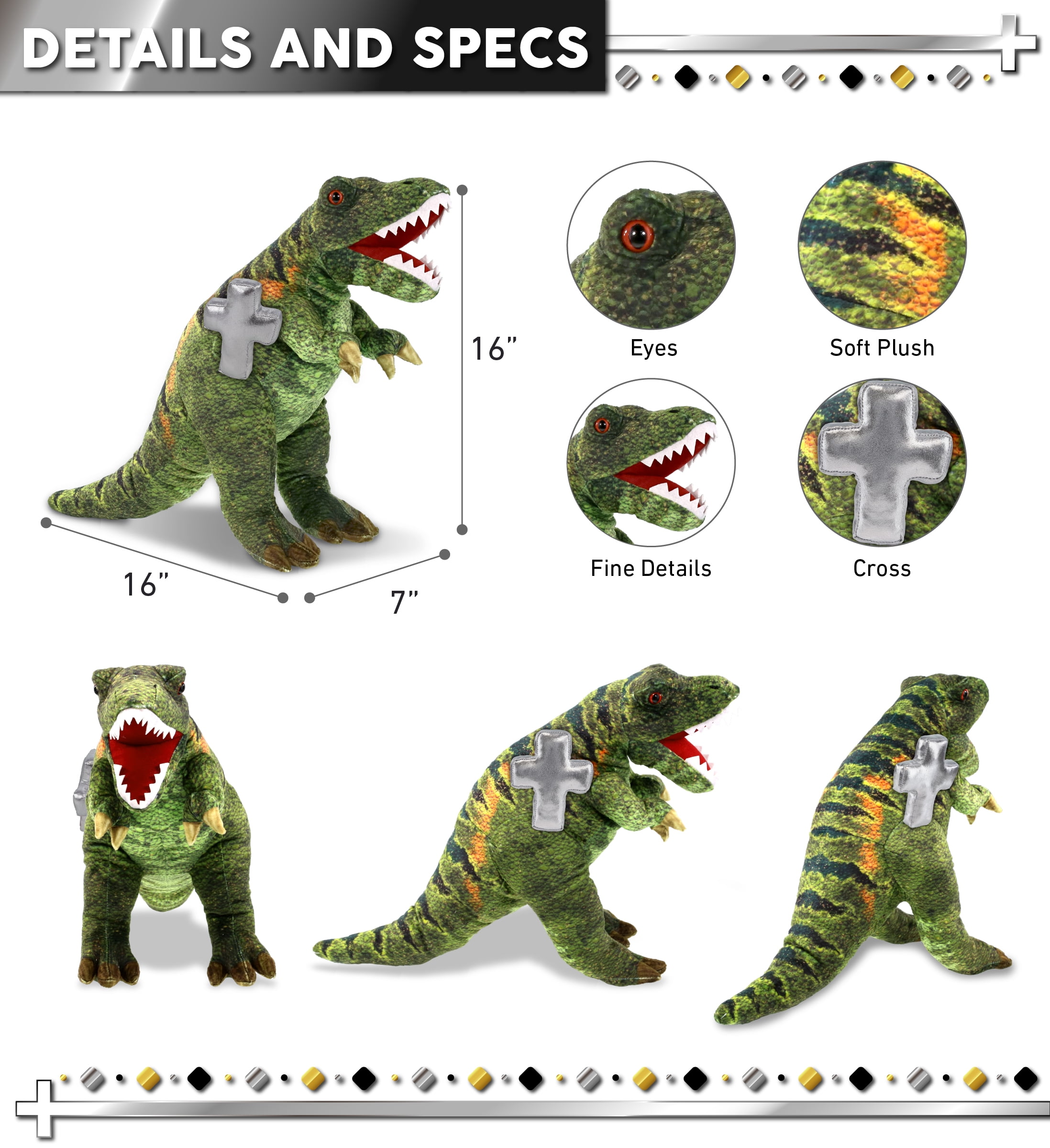 DolliBu Wild Collection T-Rex Dinosaur Stuffed Animal with Silver Cross Plush - Baptism Gifts for Boys and Girls, Dedication Christening Gifts Plush Prayer Toy Healing Stuffed Animal - 16 Inches