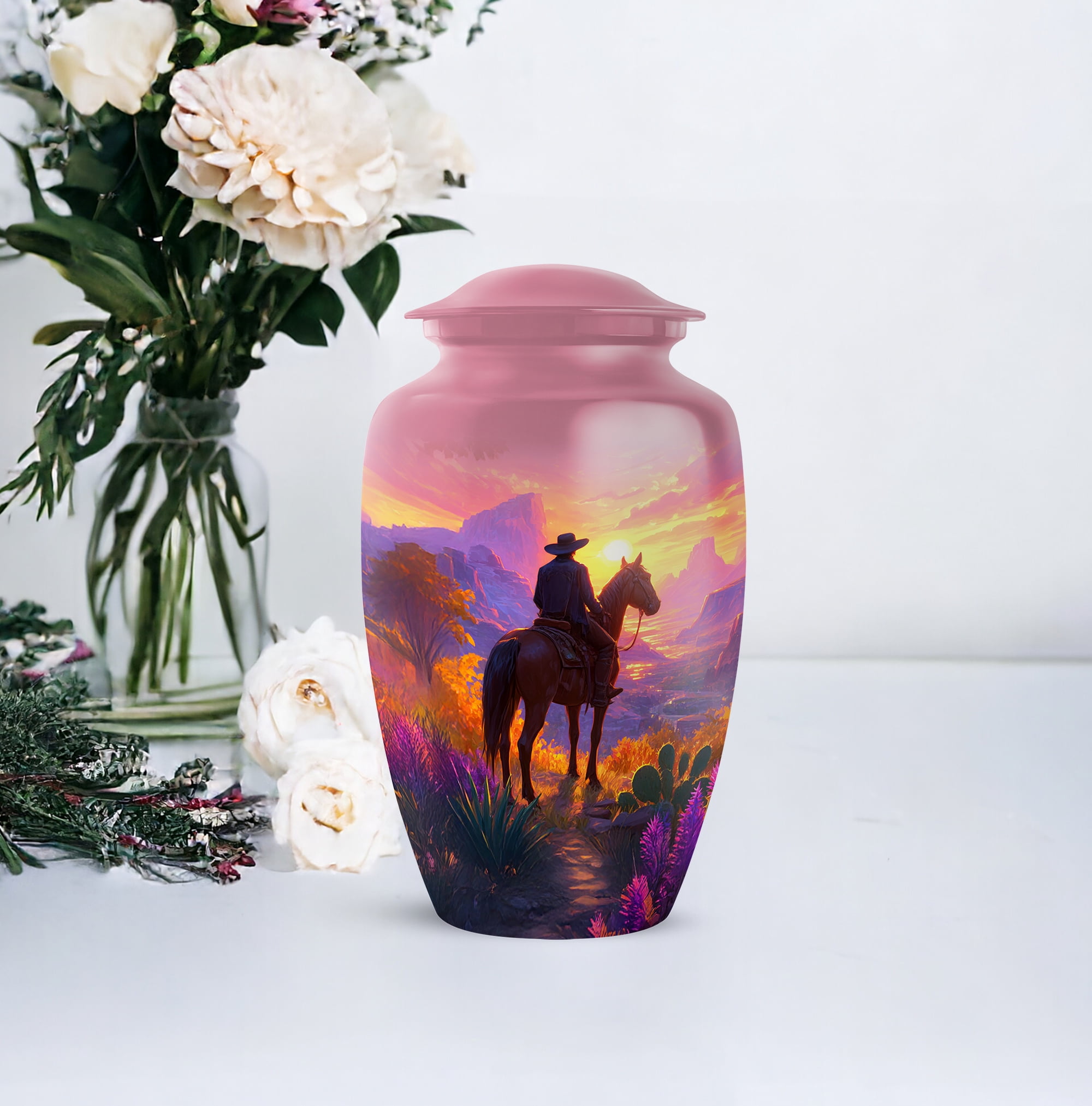 Cowboy Urns, Large And Mini Cremation Urns For Human Ashes Adult Female, Small Funeral Urn For Human Ashes Keepsake, Scenic Sunset Cremation Urn (Size 10 Inch 1 Pcs & Size 3 Inch, 1 Pcs)