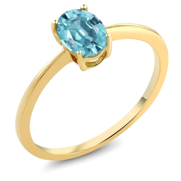 Gem Stone King 10K Yellow Gold Blue Zircon Solitaire Engagement Ring for Women (1.20 Cttw, Oval 7X5MM, Gemstone Birthstone, Size 6)