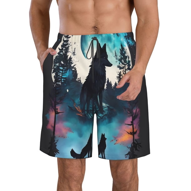 Balery Artistic Moon Valley Wolf Traje de Baño Estilo Hawaiano para Hombre, Shorts de Secado Rápido con Bolsillos-3X-Large