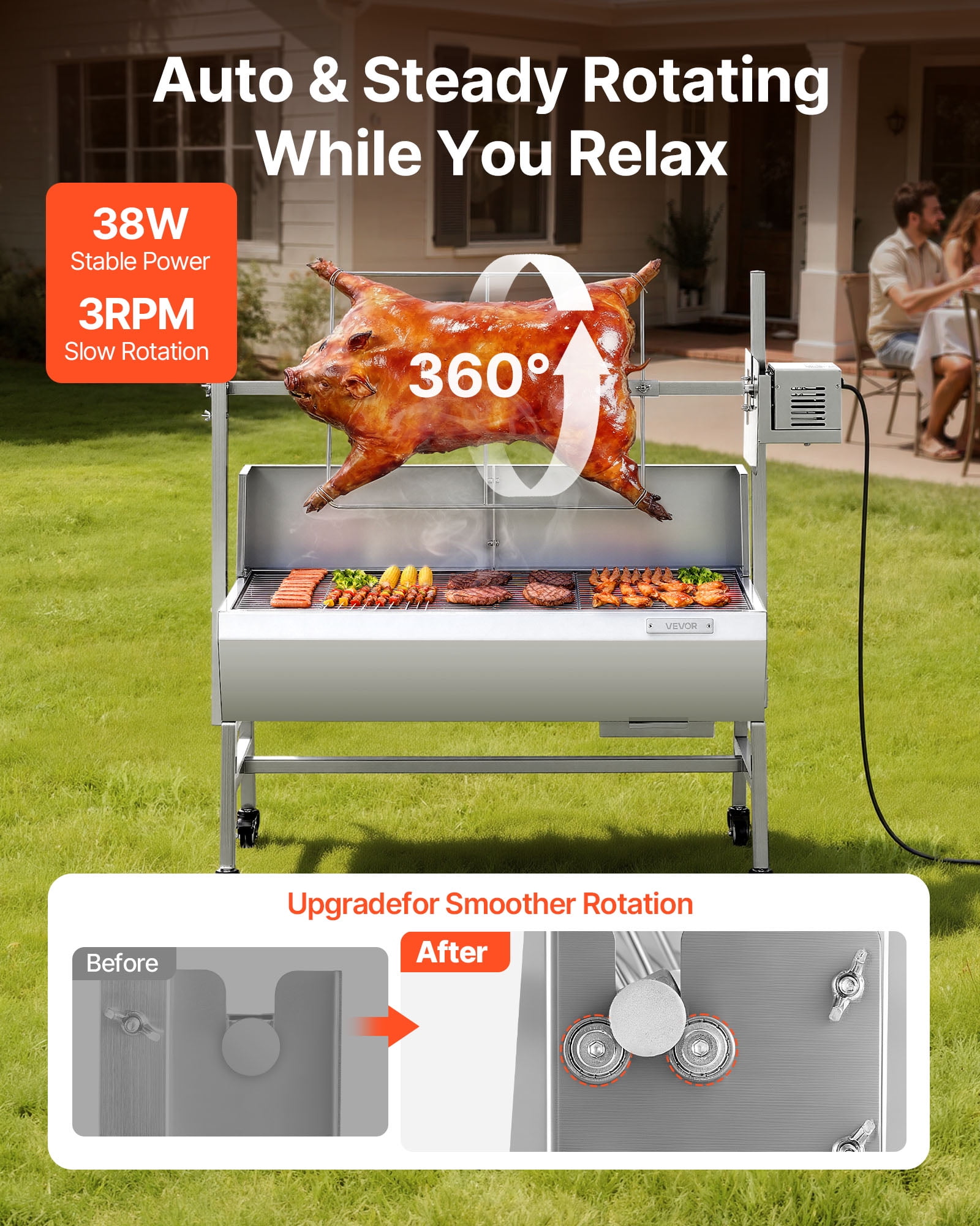 VEVOR Rotisserie Grill, 38W BBQ Outdoor Pig & Lamb Spit Roaster, Charcoal Spit Roaster with 132 LBS Load Capacity & 7-Level Height, Stainless Steel Electric Rotisserie Grill Kit for Camping Outdoor