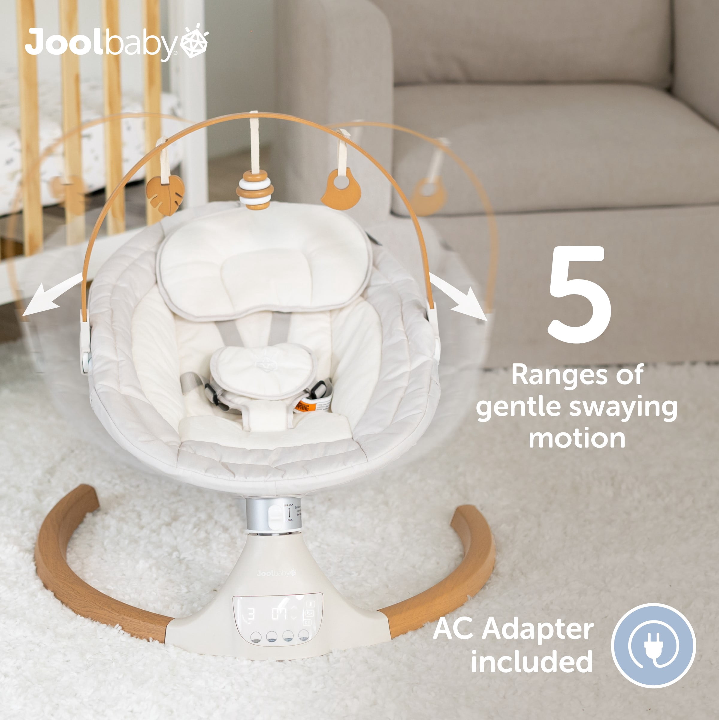 Jool Baby Nova Nature Baby Swing for Newborns – Natural Wood Toys, Electric Motorized Infant Swing, Bluetooth Music
