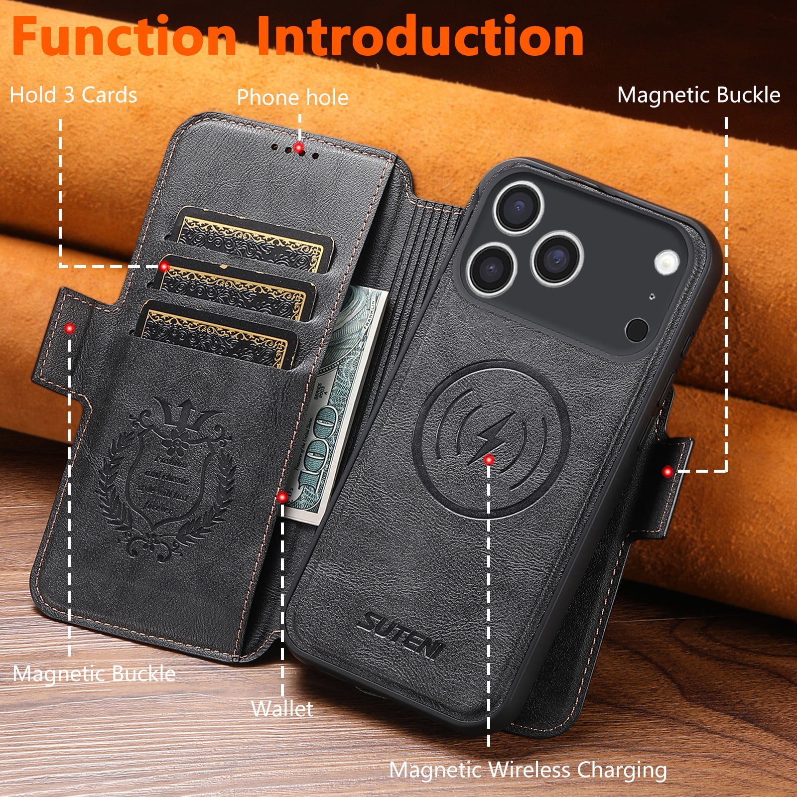 PU Leather for iPhone 17 Pro Max Case, 2 in 1 Detachable Wallet Case with Card Holder, Removable Flip Stand Folio Cover with RFID Blocking Phone Cover [Compatible with MagSafe],Black