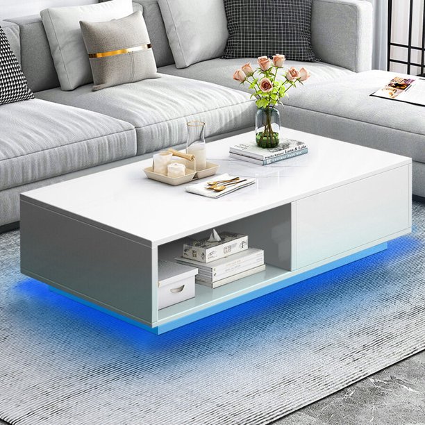 Modern White High Gloss Coffee Table 16Color LED Light Living Room