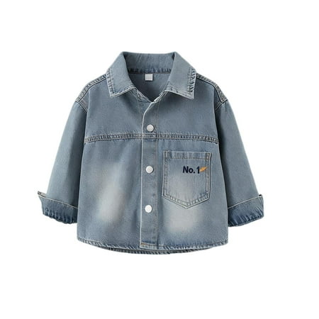 AHTJRT Kids Button Down Denim Jacket Lapel Long Sleeve Outerwear with Pocket Fashion Vintage Streetwear Washed Printed Jean Jacket Blue#01 11-12 Years