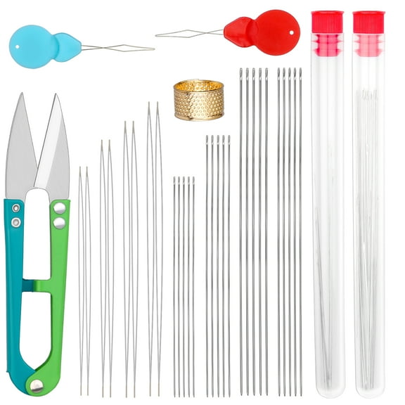 Jupean 28 Pcs Beading Needles Set, 4 Sizes Beading Embroidery Needles, with Threader and Thimble for Jewelry Making
