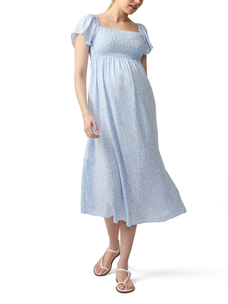 blue smocked maternity dress Women's Lightweight Crepe Smocked Flutter Sleeve Maternity Dress in Moonstone Blue, Size Small, Viscose by Quince