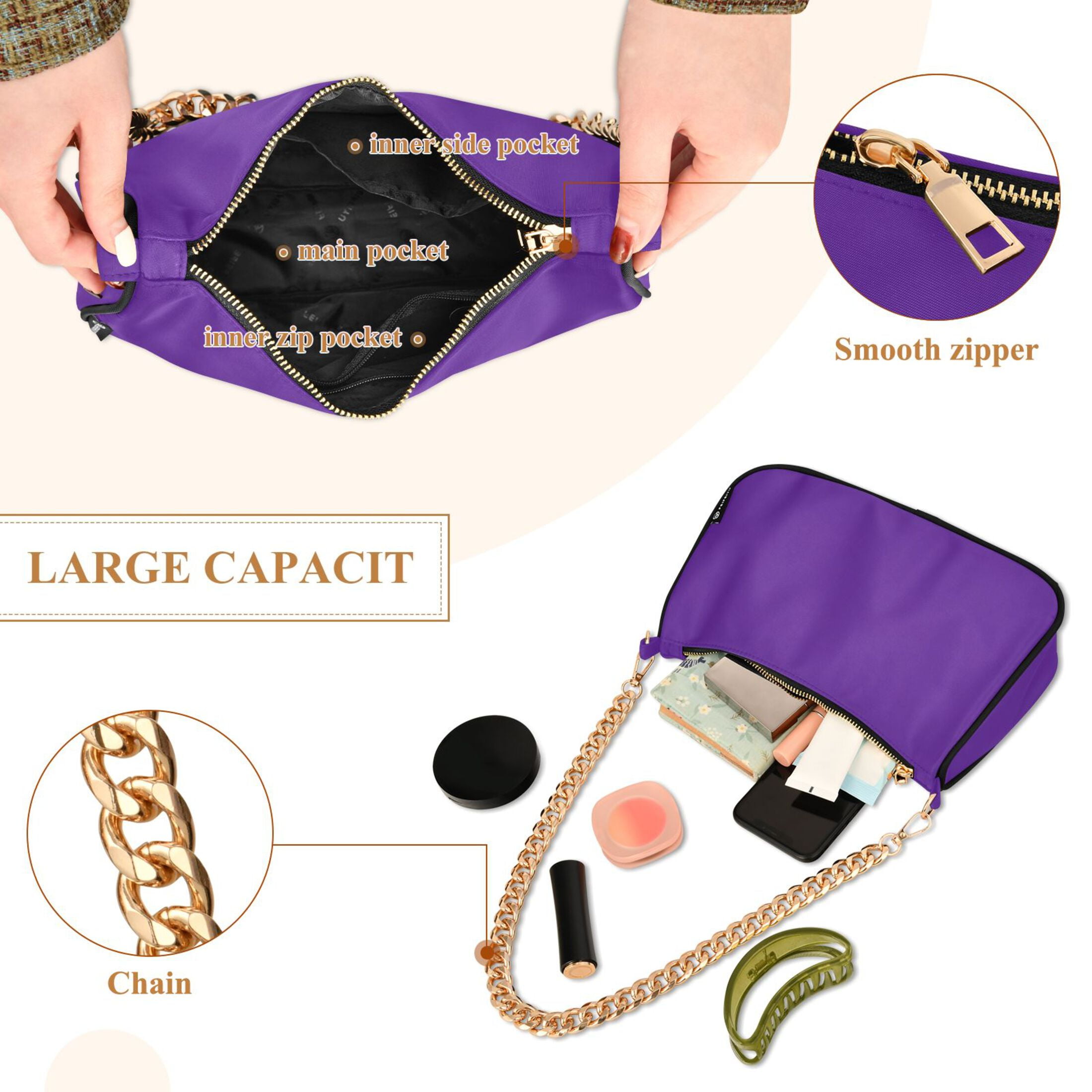 Ryvnso Dark Purple Womens Chain Shoulder Bag Tote Handbags Clutch Hobo Purse with Zipper for Travel
