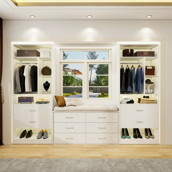 Homieasy Freestanding 24" Closet System with 2 Wood Drawers, 2FT Small Closet Organizer System with 6 Shelves & Hanging Rod, Walk-in Closet Systems for Small Closets, White