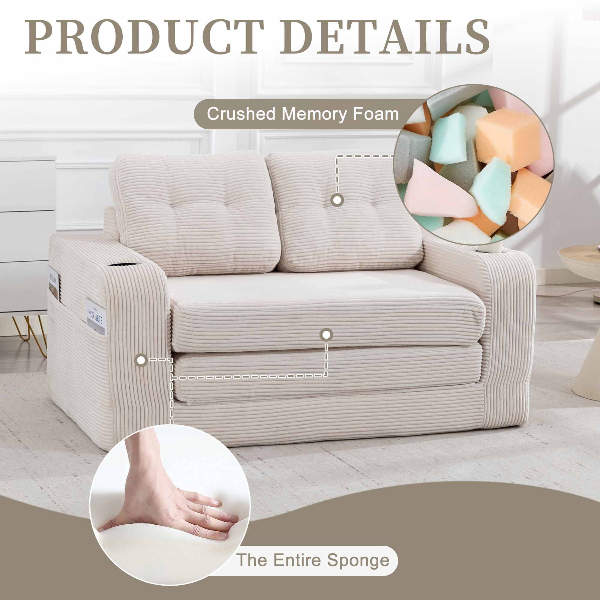 Lunale 54" Convertible Sofa Bed, Small Boneless Cloud Couch with Cup Holders, No Assembly Required, Corduroy Floor Sleeper Sofa, Beige
