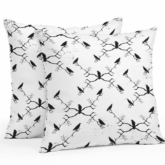 Outdoor Waterproof Pillow Covers Happy Halloween Black Crow Seamless Decorative Throw Pillow Protectors,Horror Dead Branch White Back Pillowcase Cushion Cases for Patio Sofa Garden,16x16in,2 Pack