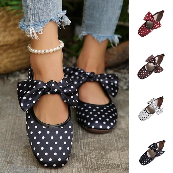 YHAJDS Loafer Shoes for Women Print Polka Dot Bowknot Slip On Casual Daily Walking Flats