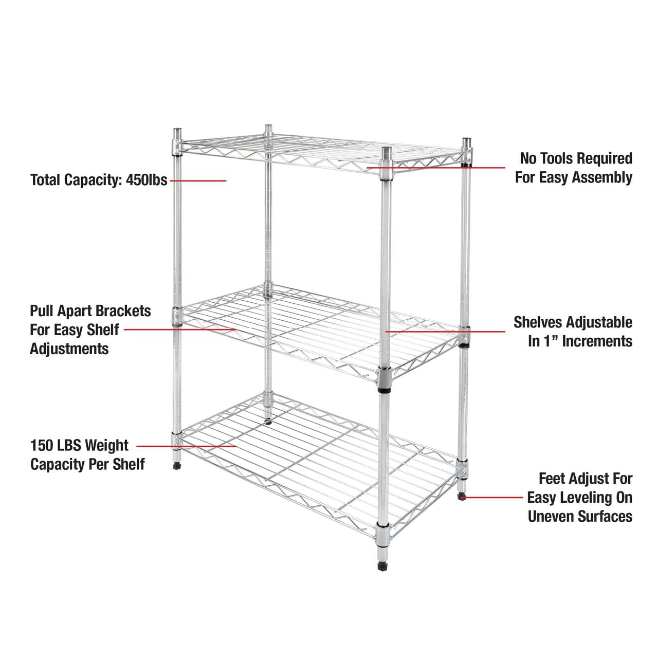 Rubbermaid 3-Tier Heavy Duty Chrome Wire Shelving Unit, 450lb Capacity