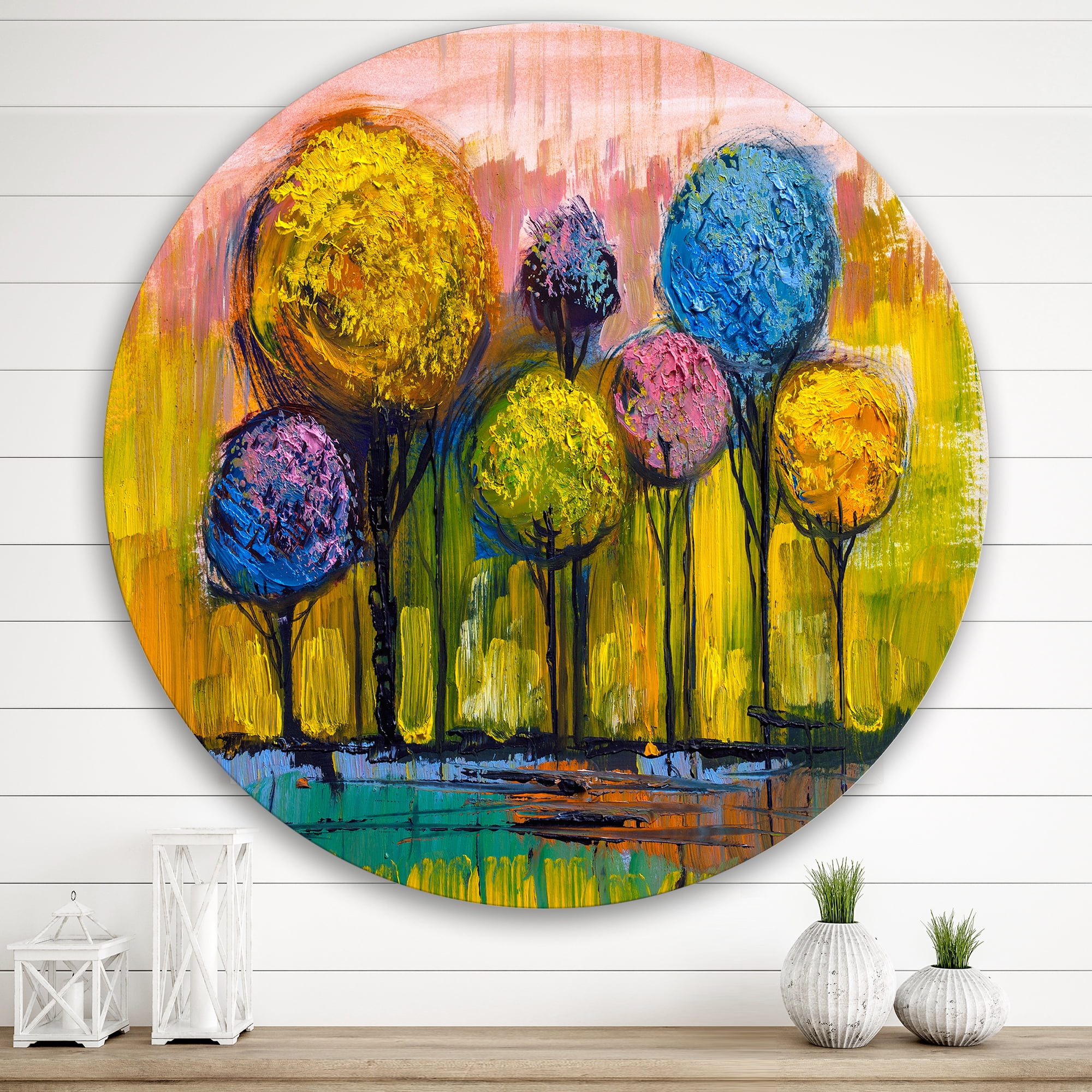 Designart 'Colourful Landscape Trees Impressionist IV' Modern Circle Metal Wall Art 36x36 - Disc of 36