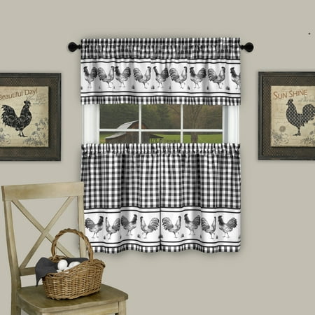 Country Home Plaid Rooster Kitchen Curtain Tier Valance Set 36