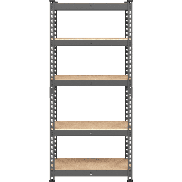 Fullfurnique 59-inch height 5-tier boltless metal storage shelf with dark gray frame and wooden shelves featuring anti-skid rubber pads.