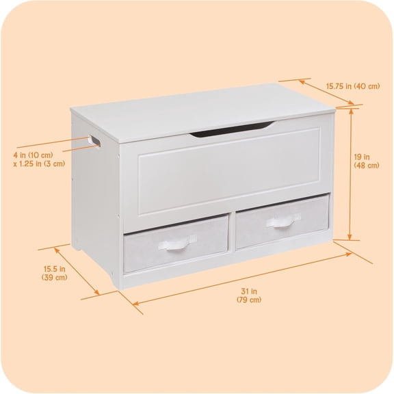 Toy Box and Storage Bench - Chest and Seat Combo with 2 Reversible Baskets, Safety Hinge Lid - Kids Toy Organizer for Playroom or Bedroom - White